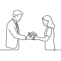 Fototapeta premium A man gifting a woman a basket of fruit in a continuous line drawing