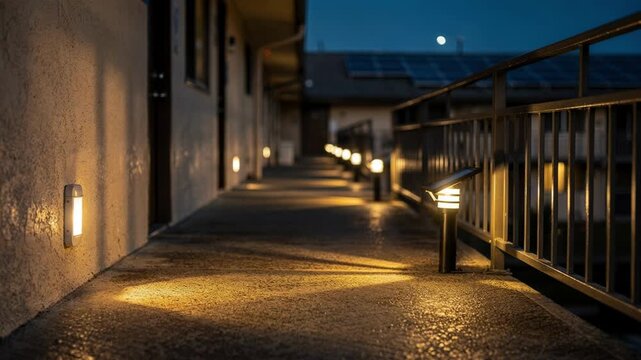 Quiet exterior walkway with railing and small ground lights glowing at twilight. Shallow depth of field creates a calm modern architectural mood.