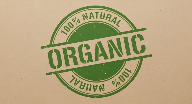 Green organic 100 percent natural stamp on beige background