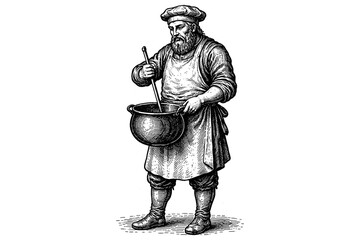 Fototapeta premium Vintage chef cooking in style: historical culinary art depiction
