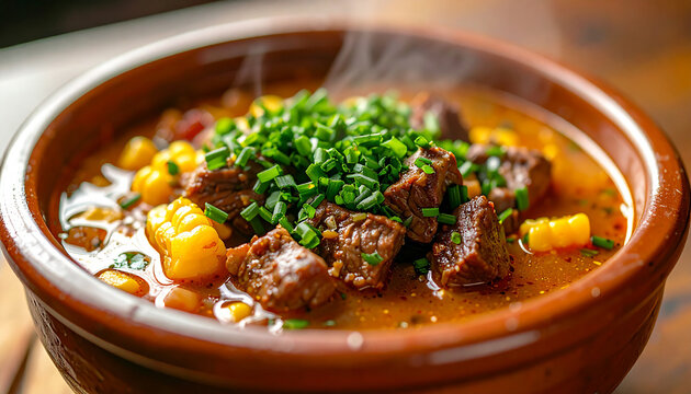 Hearty bowl of Argentine locro with maize and beef, topped with fresh chives, rustic ceramic bowl.