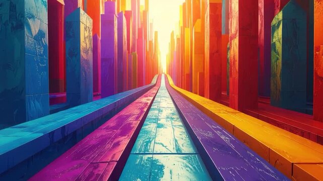A vibrant, colorful cityscape leads to a bright horizon, a dreamscape vibe