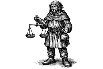 Obraz premium Medieval merchant holding scales and bag of coins in detailed engraving style