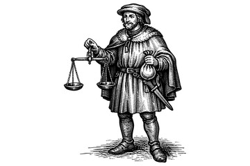 Fototapeta premium Medieval merchant holding balance scale in detailed engraving style