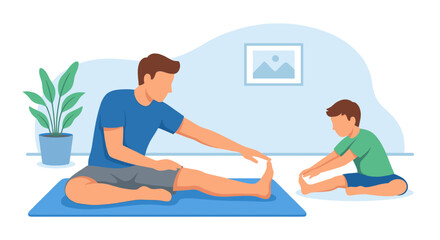 Fototapeta premium Father and son stretching together on yoga mat at home, healthy lifestyle concept, flat vector illustration