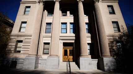 monumental. Classical architectural doorway with elegant columns under a clear blue sky, embodying timeless sophistication. real-estate listings.