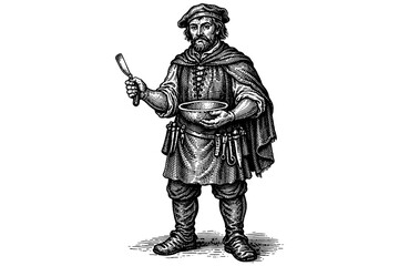 Fototapeta premium Medieval chef holding bowl and knife in traditional attire, detailed engraving