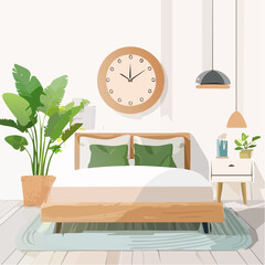 Naklejka premium Cozy bedroom interior with a wooden bed dressed in white linens and green pillows a large potted plant and a round wall clock above natural light fills the space creating a serene atmosphere