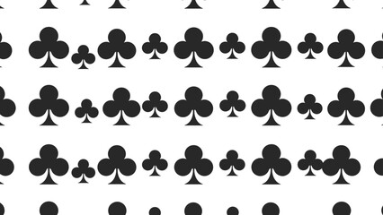 Fototapeta premium Pattern of black club suit symbols from a deck of cards is arranged in neat rows on a white background for a simple and bold graphic design effect.
