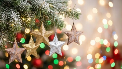 Obraz premium Star Ornaments on Christmas Tree - Festive Christmas tree adorned with sparkling star ornaments, symbolizing hope, joy, celebration, light, and wonder