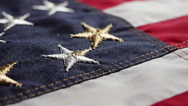 Extreme Macro of Gold and White Embroidered Stars on American Flag