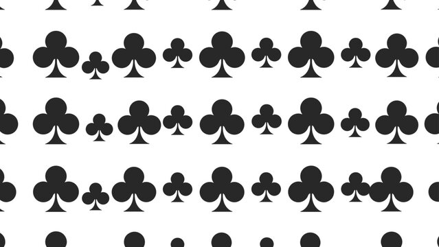 Pattern of black club suit symbols from a deck of cards is arranged in neat rows on a white background for a simple and bold graphic design effect.