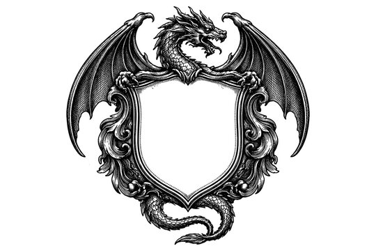 Intricate dragon emblem with gothic ornate shield design