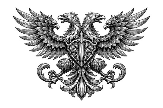 Ornate heraldic double-headed eagle with shield and flourishes in black and white