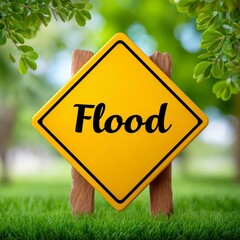 Yellow Flood Warning Sign Surrounded By Greenery And Sunlight With Wooden Posts