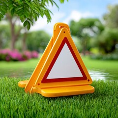 Bright Yellow Triangular Warning Sign on Green Grass with Blurry Park Background