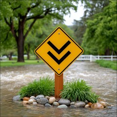 Yellow Diamond Flood Warning Sign With Double Down Arrows Surrounded By Water And Greenery