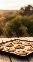 Freshly Baked Chocolate Chip Cookies on a Wooden Table with Warm Steam Rising
