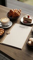 Elegant Cafe Table Setting with Menu, Pastries, Coffee, and Desserts for Gourmet Experience