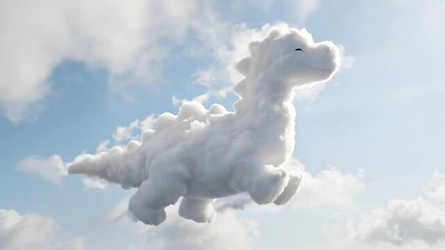 Cloud dinosaur in sky. Cute fantastic creature made of white fluffy cloud in different poses against a blue sky. Sweet playful concept.