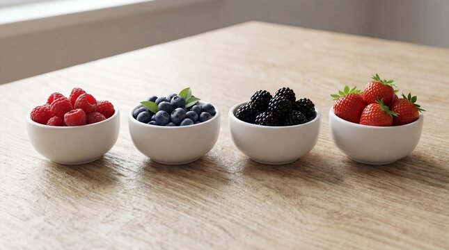 fresh berries in bowls on wooden table, healthy food concept