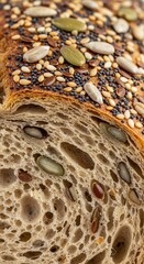 Close-Up of Artisan Bread with Seeds and Grains on Crusty Surface for Culinary Inspiration