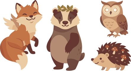 Fototapeta premium Woodland fox badger owl hedgehog character set for kids nursery decor