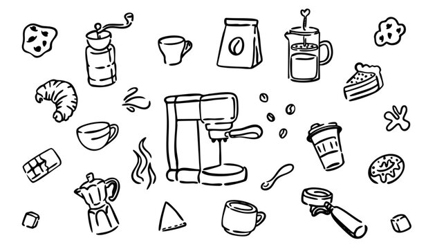Hand drawn coffee doodle stickers set. Vector icons of cup, mug, pot and coffee machine for cafe menu, bakery branding and restaurant decor. Cute sketch illustration isolated on white background.