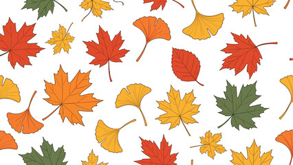 Fototapeta premium Seamless autumn leaf pattern features various shapes like maple and ginkgo in vibrant red, orange, yellow, and green colors.