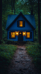Enchanting Blue Cottage Bathed in Warm Light, Deep Within Mysterious Forest at Dusk, Featuring Glowing Windows and Rustic Stone Path