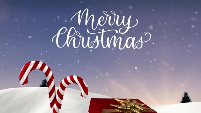 Animation of merry christmas text banner over christmas gift box and candy cane on winter landscape