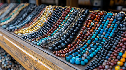 Obraz premium Vibrant array of handcrafted beaded necklaces and bracelets displayed for sale at artisan market, showcasing beautiful spectrum of colors and natural stone textures.