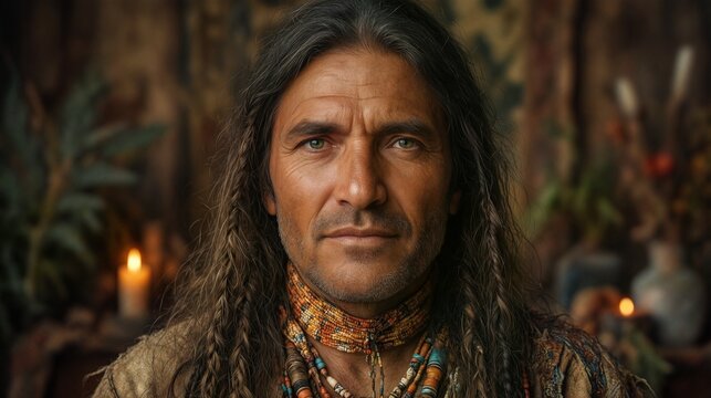 intense native american man with long hair and beaded necklace in warm lighting