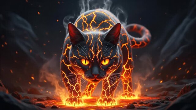 Fiery Cat with Glowing Lava Skin and Intense Eyes in Smoky Atmosphere