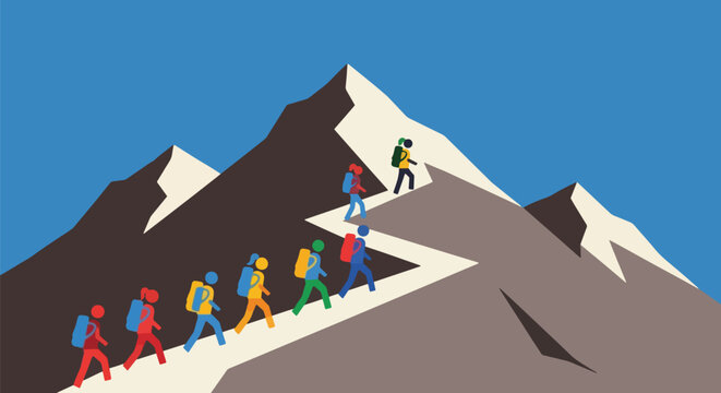 Team Hiking to Mountain Summit Leadership Success Achievement.