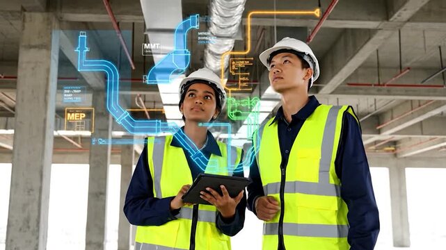 Two construction workers with hard hats review digital schematics on a tablet, AR overlay
