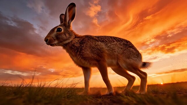 Rabbit running on grass in sunset with vibrant sky