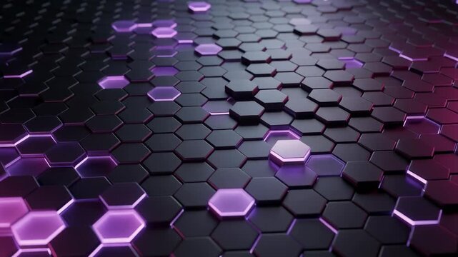 Futuristic black hexagonal pattern with glowing purple lights modern technology background