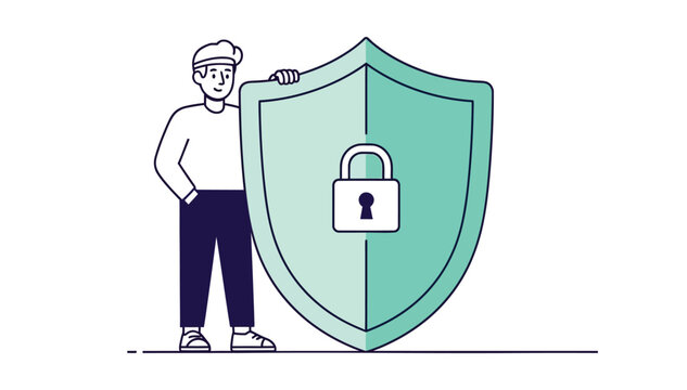 Man confidently standing beside a large shield symbolizing online security and protection with a padlock icon displayed prominently