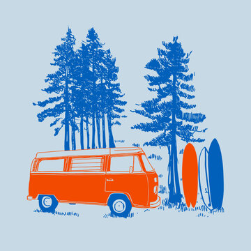 Cute orange bus car in summer camp sufring with the forest at the background