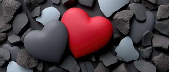 Obraz premium Glowing heart sits among broken hearts in dark setting for Valentine's Day theme reflecting love and sadness at night