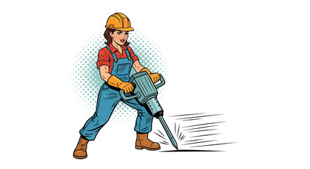 Empowered woman construction worker with jackhammer pop art style illustration