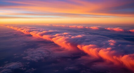 High altitude view of vast cloud formations meeting the sharp, defined horizon line, capturing the immense power of the atmosphere, cloudscape, bright, power