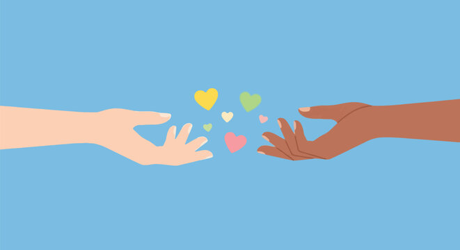 Hands Reaching for Colorful Hearts Diversity Inclusion Support.