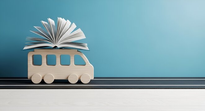 Wooden toy bus with open book on the roof, education concept