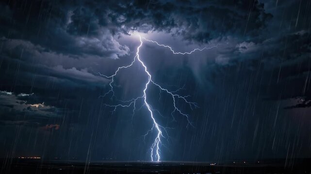 Powerful lightning strike during a heavy rainstorm with dark stormy clouds at night