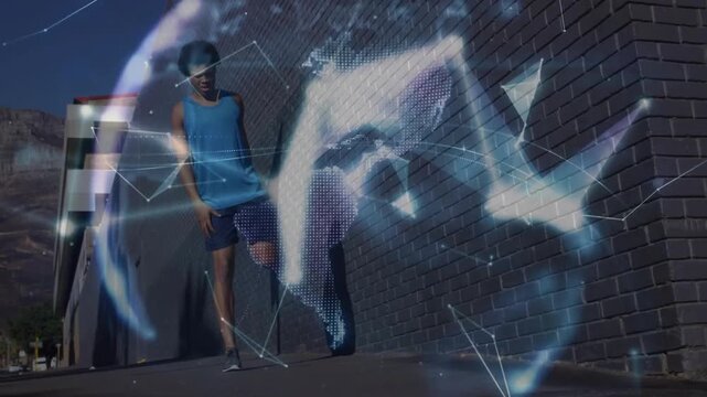 Man warming beside brick-wall initiating light mesh forming hologram earth lunging for fitness tech