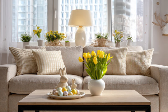 Scandinavian Easter Living Room: Beige Sofa, Yellow Tulips, Bunny Figurines, and Eggs in a Bright, Cozy Home Interior.