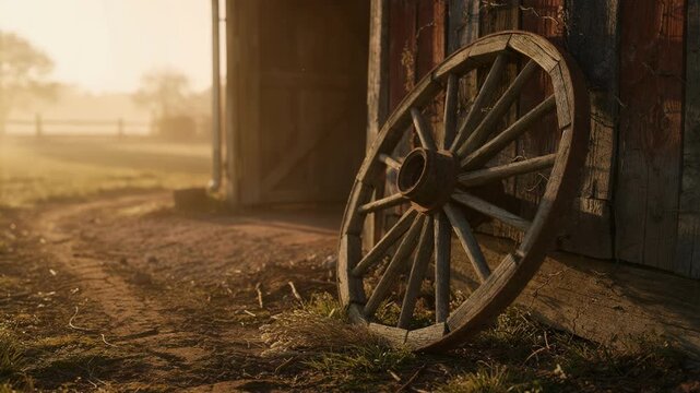 Close-up of a weathered wooden wagon wheel against a rustic barn wall in warm morning light. Rural countryside scene with vintage farm atmosphere and copy space.