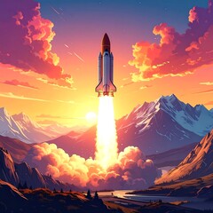 Fototapeta premium Rocket launch at sunrise over mountains
